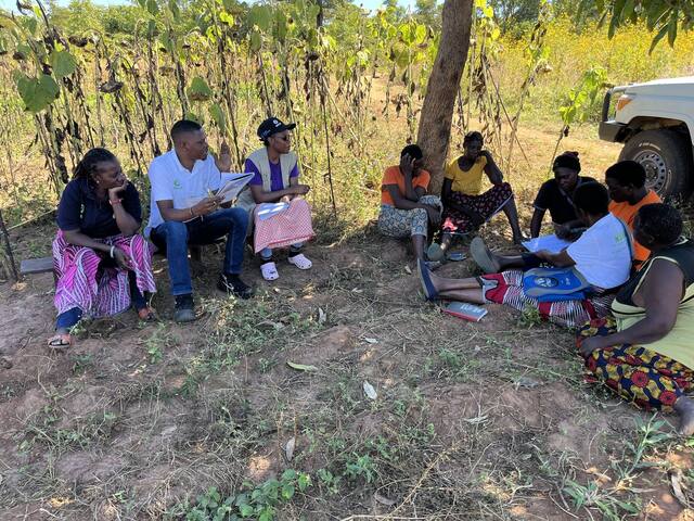 Field staff in conversation with women farmers among sunflowers